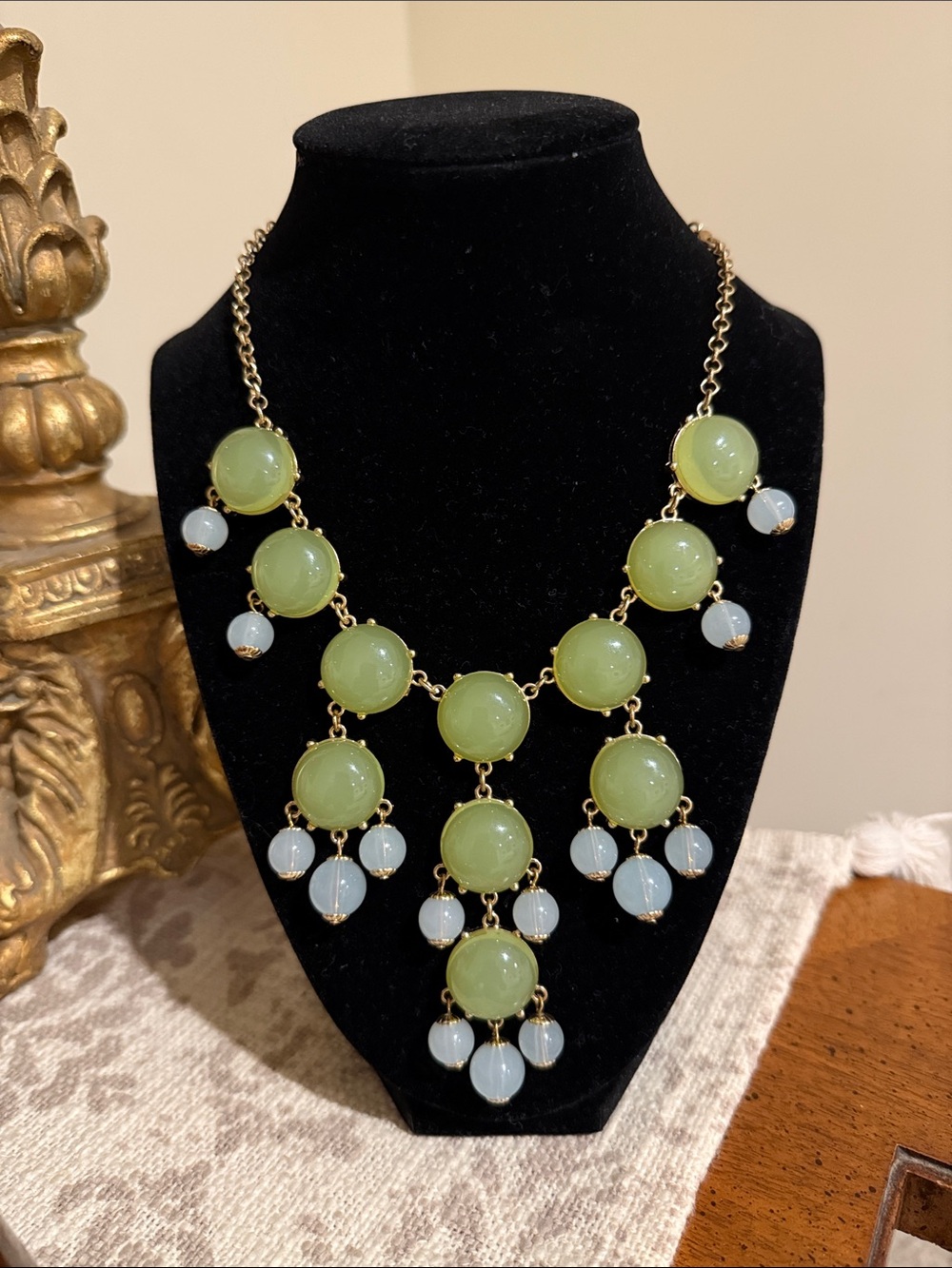 Statement Green Gem Bib Necklace - Gold Tone